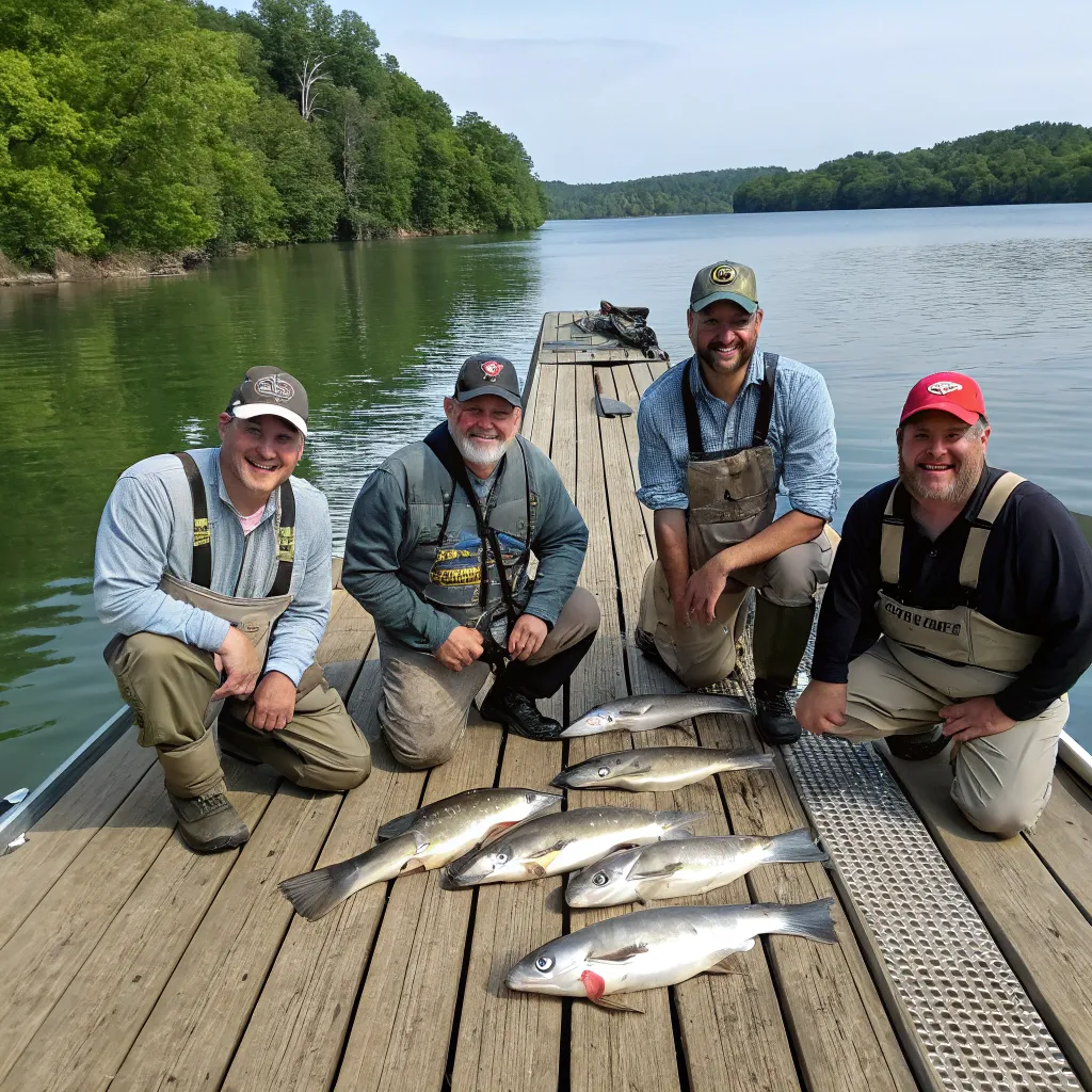 Group of happy fishermen holding their catch